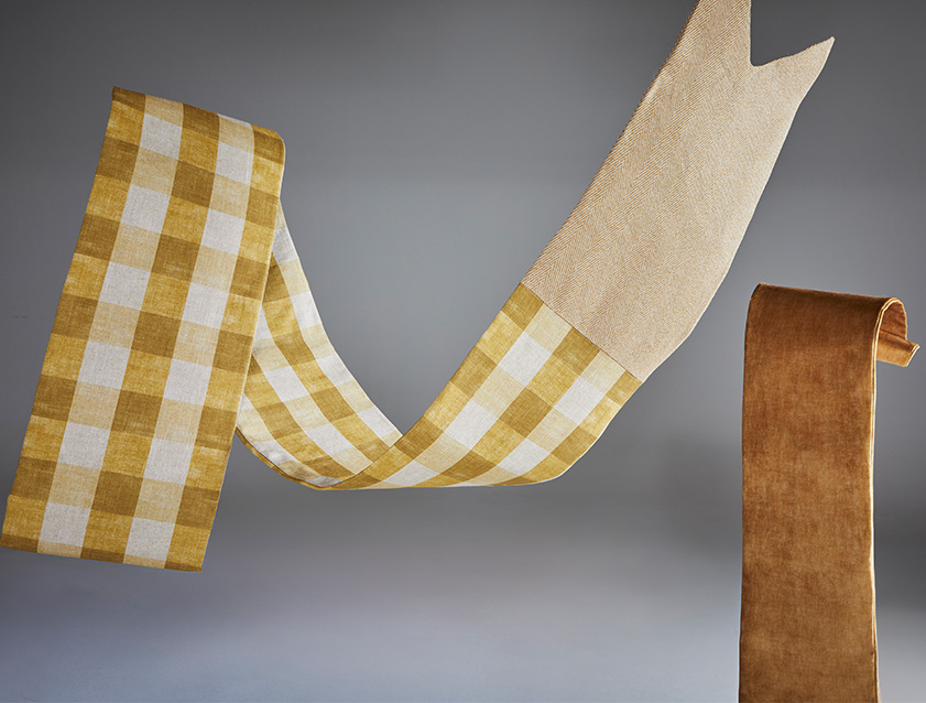 Ribbons of Spill Resistant Sussex Gingham with Roxburgh Herringbone and Almost Plain Velvet in Shades of Yellow